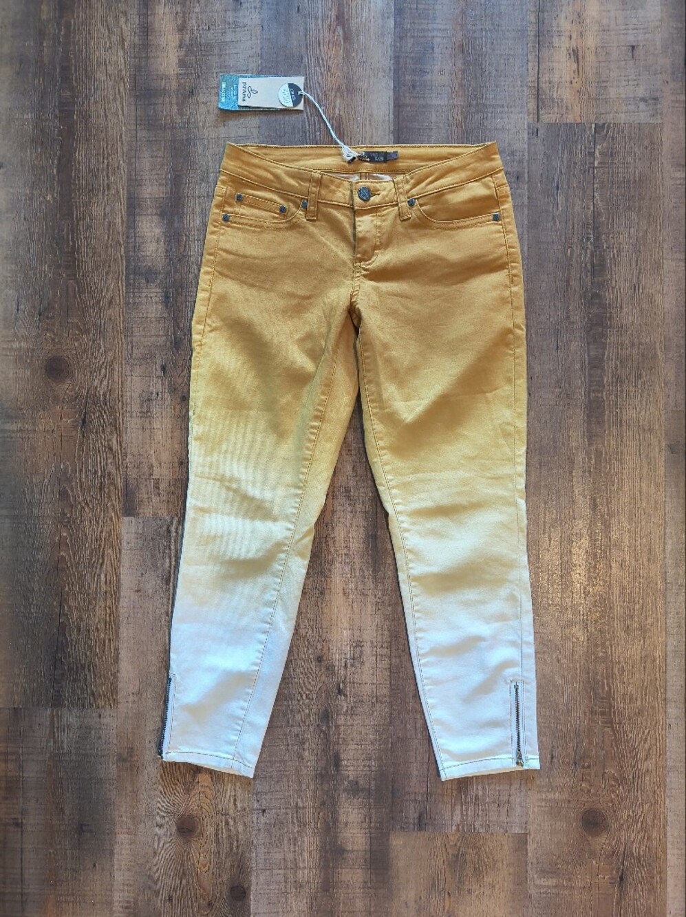 PrAna Yellow White Faded Designer NTW Low Rise Fitted Jeans Organic Cotton